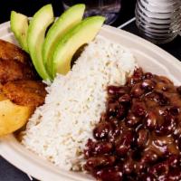 The Vegan · Our delicious red beans with yuca, white rice, fried sweet plantains and avocado.