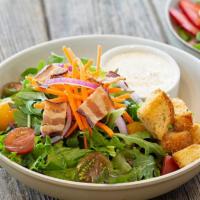 Garden Salad · Mixed greens, carrots, tomatoes, english cucumbers, red onion, bacon & homemade croutons