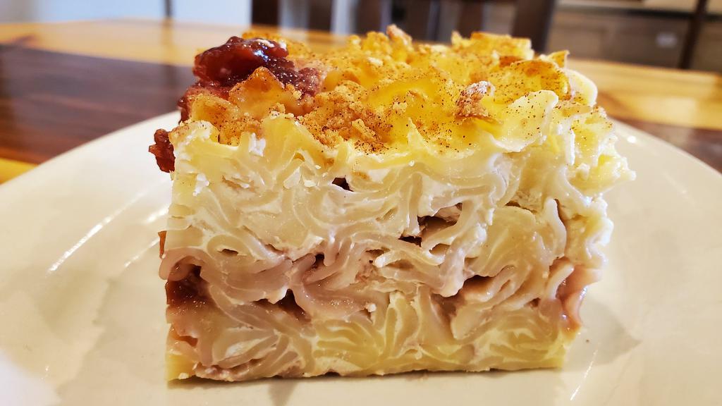 Noodle Kugel · A slightly sweet and very comforting noodle pudding. Sour Cherry currently available. You'll find the recipe in Bon Appetit.