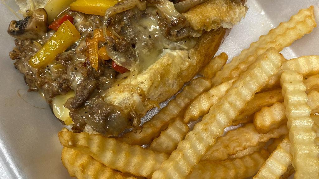 Full Philly Cheesesteak · Half hoagie with steak, chicken or shrimp toppedwith bell peppers, onions, mushrooms, provolone  with a cheddar sauce . served with fries
