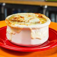 French Onion Soup (Bowl) · Dark and rich flavors of roasted caramelized onions, garlic, vegetable stock, toasted bread ...