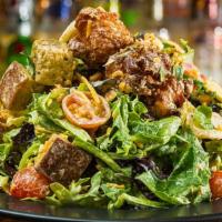 Crispy Chicken Salad · Mixed greens, crispy battered chicken or tofu, chopped bacon, hard boiled egg, cherry tomato...