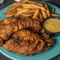 Chicken Tenders · Hand battered chicken tenders, french fries or kettle chip and 1 dipping sauce.
