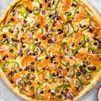 Revenge By Veggie Pizza (Vegetarian) · Bell peppers, onions, mushrooms, black olives, and tomatoes baked on a hand-tossed dough wit...