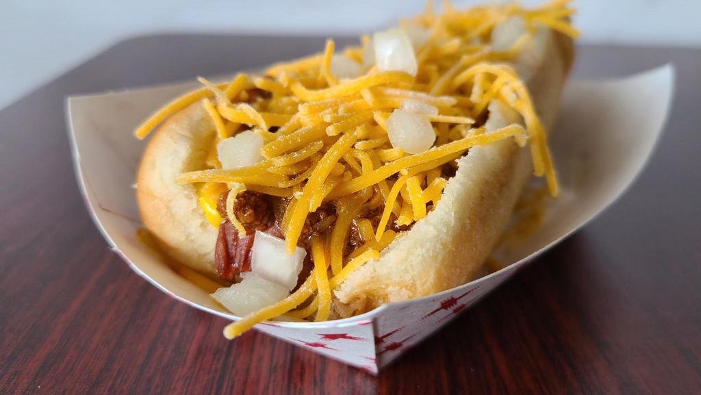 Coney With Cheese · An all-beef frank with yellow mustard, Dad's Coney sauce, onions, and cheese.