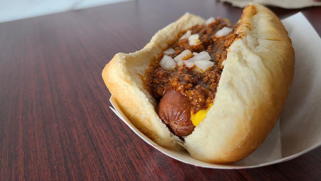 Regular Coney · An all-beef frank with yellow mustard, Dad's Coney sauce and onions.