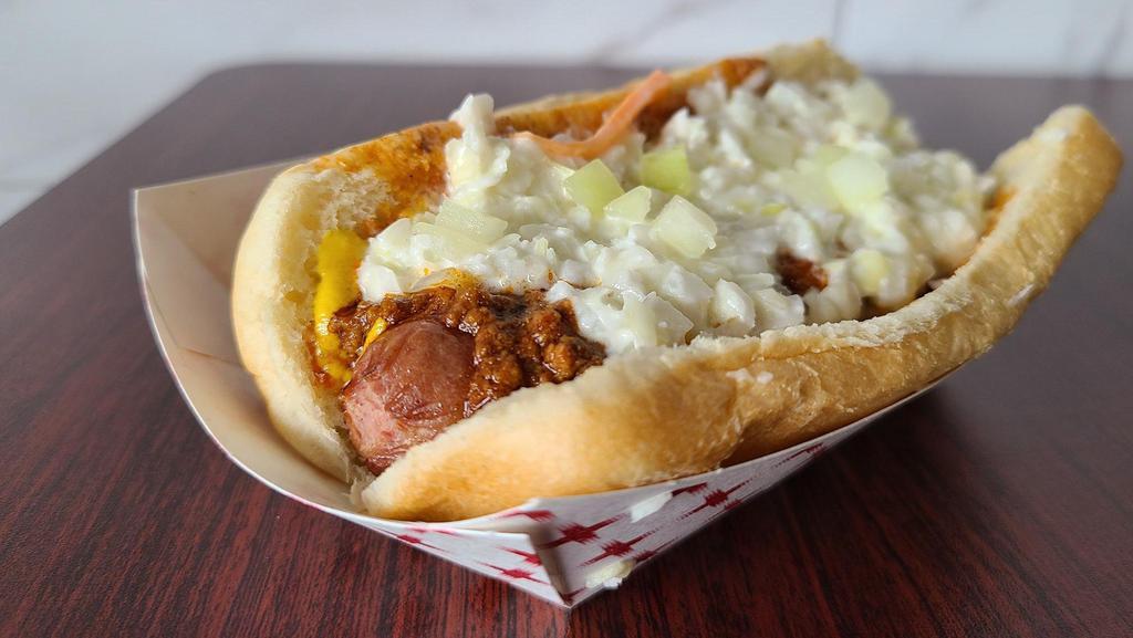 Coney With Slaw · An all-beef frank with yellow mustard, Dad's Coney sauce, onions, and slaw.
