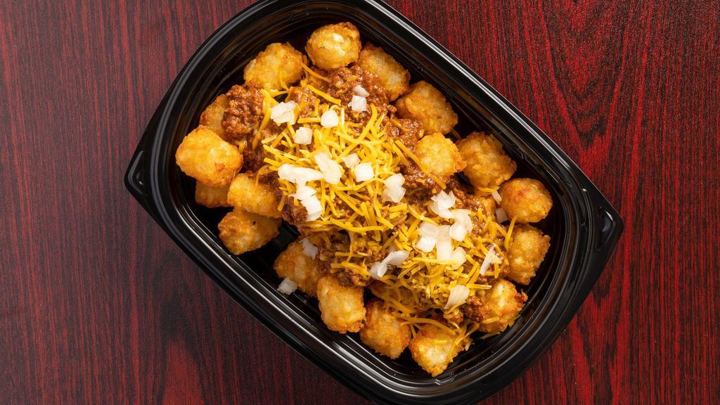Large Coney Tots · Large order of tots topped with Coney sauce, cheddar cheese and onions.