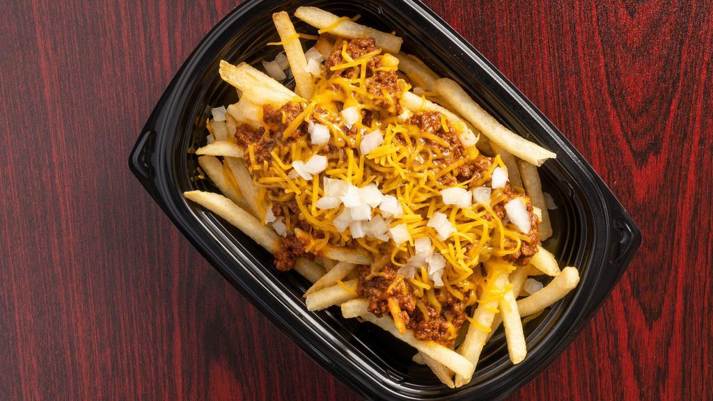 Large Coney Fry · Large order of fries topped with Coney sauce, cheddar cheese and onions.