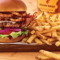 Whisky Bacon Burger · Savor the rich flavor in this tasty original. An all-beef patty topped with two slices of Pe...