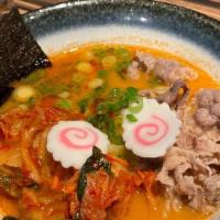 Kimchi Ramen · Sliced beef, fish cake, kimchi, bamboo shoot, green onion, red chili pepper spicy oil and bl...