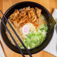 Niku Soba Ramen · Hakata-style niko soba ramen in tonkotso broth, fish cake, topped with green onion, roasted ...