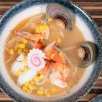 Seafood Ramen · Shrimp, muscle, squid, crab meat, fish cake, bean sprouts, corn and black garlic oil in miso...