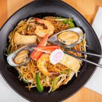 Seafood Stir Fry Ramen · Muscle, shrimp, crab meat, fish cake, squid, bean sprouts, carrots, peppers, boiled ramen, t...
