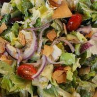 Salad Greek Out · feta cheese, red onion, English cucumber, grape tomato, kalamata olives, pita chips, romaine...