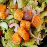 Salad Little Salad · English cucumber, red onion, grape tomato, garlicky croutons, romaine; balsamic vinaigrette