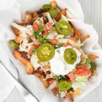 Loaded Fries · Seasoned fries, bbq sauce, nacho cheese, pico de gallo, jalapeños, lettuce and choice of smo...