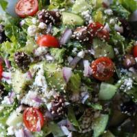 Greek Salad (Party (Serves 6-12)) · Cucumber, Kalamata olives, tomato, red onion, oregano, sesame seed and feta cheese. Served w...