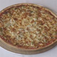 Chicago Italian Beef Pizza · Tender thinly sliced homemade Italian beef, hot Giardiniera and mozzarella.