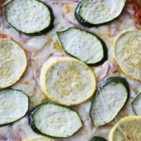 Garden Pizza · Extra virgin olive oil, San Marzano tomatoes, fresh yellow and green zucchini, red onion sli...