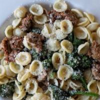 Orecchiette And Rapini · Italian sausage in a broth based sauce with garlic and olive oil. Sprinkled with Romano chee...