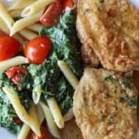 Chicken Limone · Chicken breast served in a lemon wine sauce, served with a side penne pasta, sauteed tomatoe...