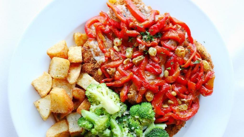 Veal Saltimbocca · Lightly breaded veal and prosciutto topped with provolone cheese, pine nuts and our roasted red pepper mix. Served with Lucca's golden potatoes and sauteed broccoli.