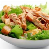 Chicken Caesar Salad · Romaine, Grilled Chicken, Romano, Parmesan, Caesar dressing and garlic butter croutons.