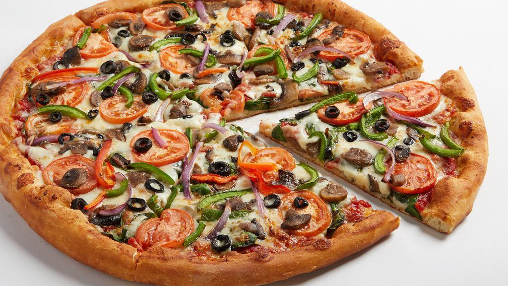 Veggie Pizza  · Our fresh dough, with tomato sauce, roasted mushrooms, spinach, red onions, green and red peppers, black olives, sliced Roma tomatoes and mozz