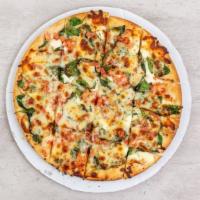 White · No pizza sauce- olive oil, garlic, spinach, ricotta cheese and tomatoes.