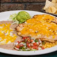 Chicken & Rice · Grilled chicken breast topped with Monterey Jack and cheddar cheese. Served with Pico de Gal...