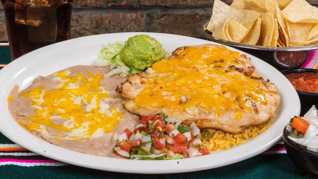 Chicken & Rice · Grilled chicken breast topped with Monterey Jack and cheddar cheese. Served with Pico de Gallo and guacamole.