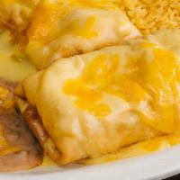 Chimichanga · Two fajita beef or fajita chicken chimichangas filled with cheese and fried to perfection to...