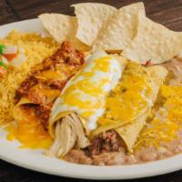 Bandera Mexicana · One shredded beef enchilada with green tomatillo sauce, one shredded chicken enchilada with ...
