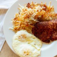 Corned Beef Hash · Corned beef hash and two cage-free eggs any style with hash browns or diced potatoes and toa...