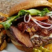Mango Habanero Burger · 8 oz black angus beef topped with lettuce, tomato, red onion. Served with a side of mango ha...
