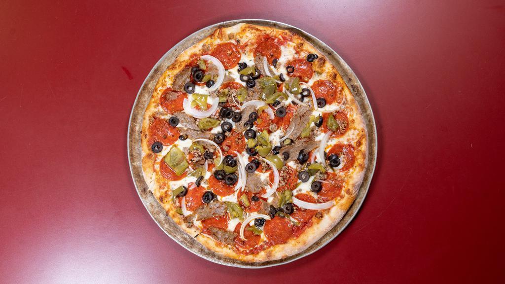 New York Special Pizza · Sausage, peppers, onions, pepperoni, beef, black olives. (Anchovies available upon request.)
