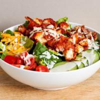 Hot Dang Salad · Hot Chicken, romaine, cheddar, cucumbers, cherry tomatoes, and bacon with your choice of but...