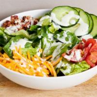 Side Salad · Romaine, cheddar, cucumber, cherry tomatoes, and bacon with your choice of buttermilk ranch ...