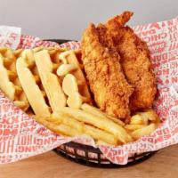 Hot Chicken & Waffles · 2 Jumbo Tenders + 2 Waffles with syrup and butter + 1 side