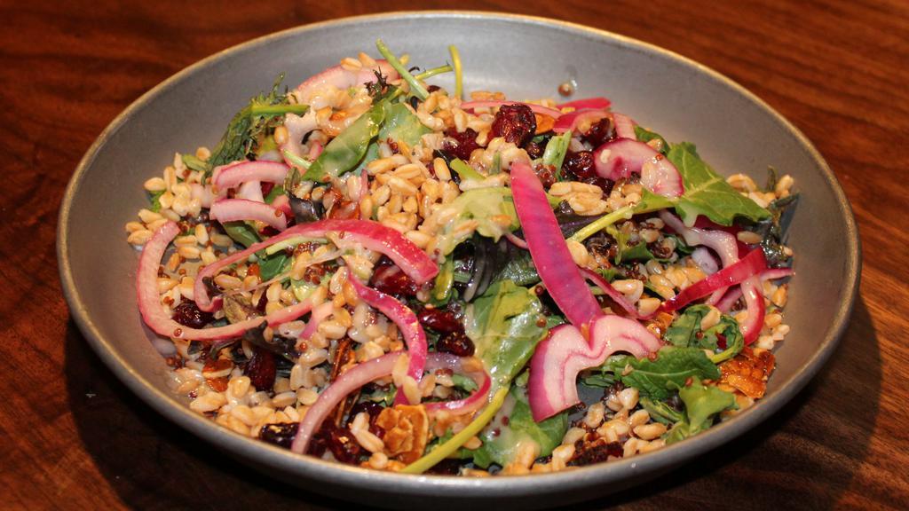 Eat Your Grains · farro, quinoa, baby spinach,  dried cranberries, honey roasted almonds, pickled onions, feta cheese,  white balsamic vinaigrette