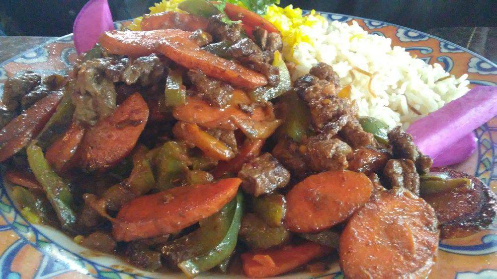 Beef Ghallaba · Pan sauteed beef with carrot, mushrooms, green peppers, onions, and tomatoes. Add hommous for an additional charge.
