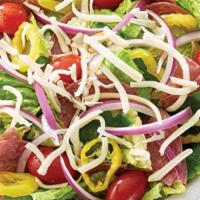 Antipasto Salad (Small) · Romaine lettuce, red onion, hot pepper rings, salami, tomato, our gourmet cheese blend and I...