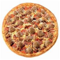 Motor City Meatball Pizza · Meatballs, pepperoni and Italian sausage, shredded Parmesan cheese and Italian seasoning.