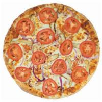 Kickin' Chicken Pizza · A blended base of pizza sauce and Kickin' sauce, grilled chicken, red onion, and tomato.