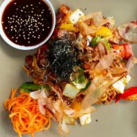 Bacon Yakisoba · Traditional Japanese stir-fried noodles with applewood smoked bacon, chopped bell peppers, c...