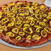 Cajun · Hot pizza sauce, pepperoni, ham, Italian sausage, hot peppers, salsa, Mozzarella & Provolone...