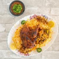 Half Chicken Haneeth · House favorite. Whole chicken spiced and roasted for several hours. Served with haneeth hous...