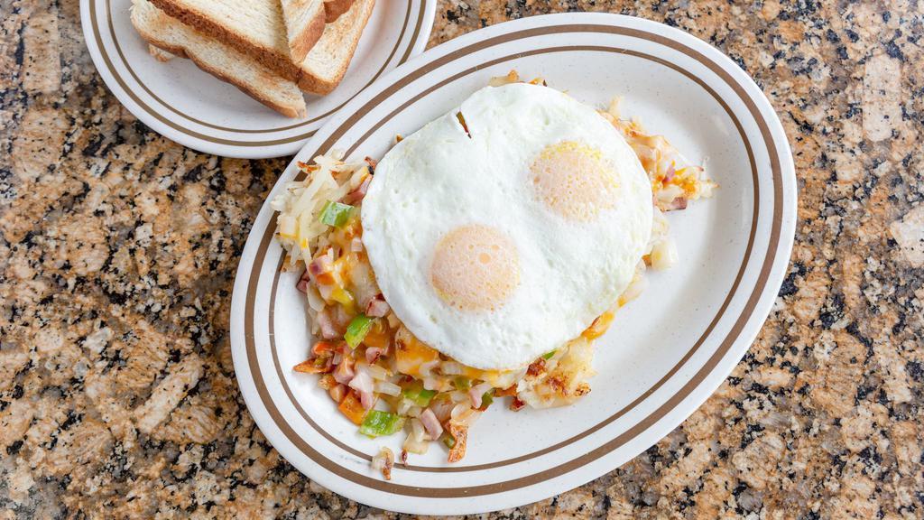 Roman Special · Two eggs with ham, bacon or sausage, onions, green peppers and Cheddar cheese over hash browns. Served with toast.
