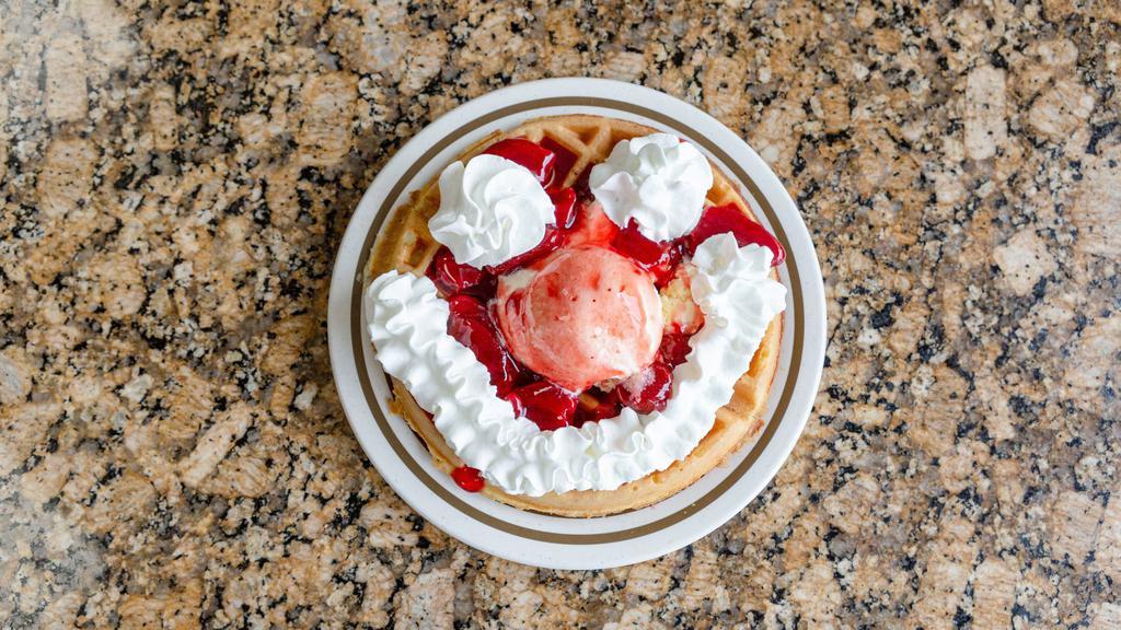 Belgian Waffle · With Strawberries for an additional charge, Add scoop of ice cream for an additional charge.